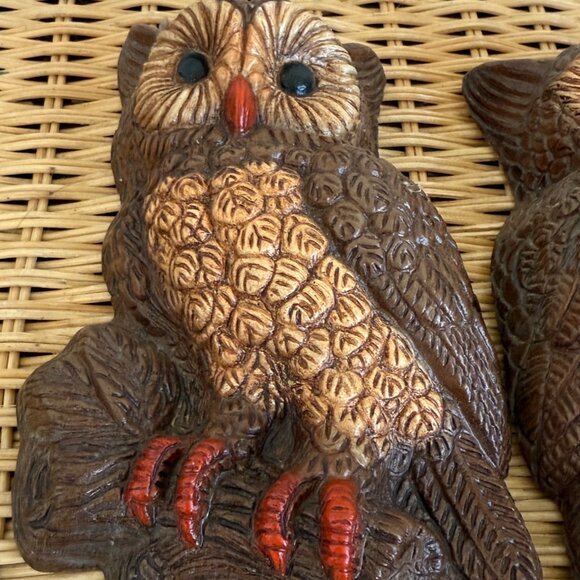 Vintage 70's Molded Foam Pair of Owls Wall Plaques Retro Boho - Picture 4 of 6